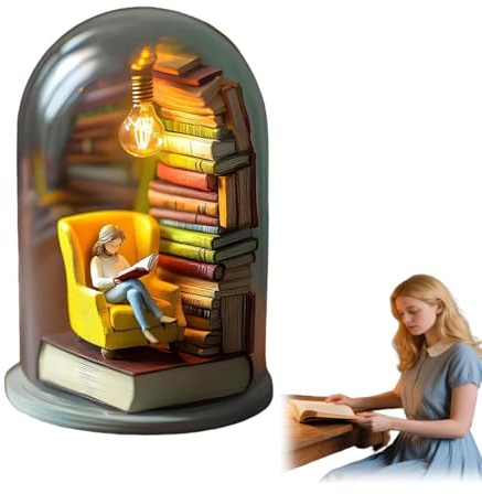 Pufei Reader Night Light, Miniature Book Lover Lamp Sculpture with Mini Books and LED Light, Mini Reading Figurine Tiny Bookshelf Library Statue, Gift for Family, Friends, Colleagues