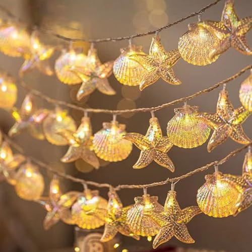 CutitiUU Seestern-Lichterkette, Muschel-Lichterkette, 1,5 m, 10 LEDs, batteriebetrieben, dekorativ für Hochzeit, Party, Urlaub, Zimmer, Ozean-Themen-Lichter (gemischt)