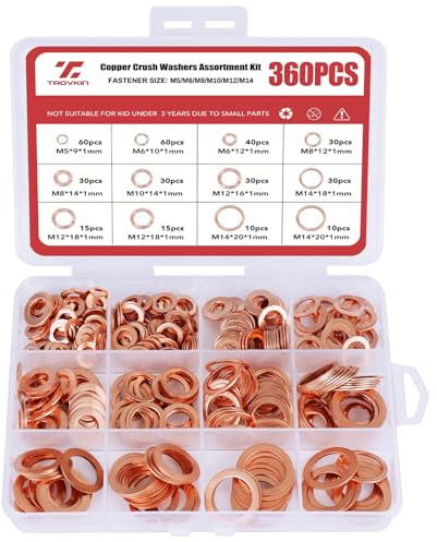 360 Pcs Copper Washers Assortment Kit – 10 Sizes Metric Copper Crush Washers M5 M6 M8 M10 M12 M14, Flat Sealing Washers for Oil Drain Plug, Automotive, Plumbing, Hydraulic, Fuel, High Temp Systems