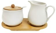 Ensemble de lait et de sucre, avec couvercle et cuillère, pot à lait en céramique et sucrier avec plateau en bois (blanc)