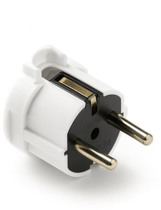 WEBMATEL Clavija Enchufe Schuko Acodado con Salida lateral | Clavija Europea de Contacto de Puesta a Tierra | 16A | 250V | 4,8mm | IP20 | 3,7kW | Macho | Blanco