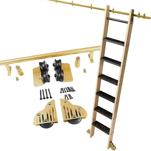 Goldener Schiebe-Bibliotheksschienen-Beschlagsatz (ohne Leiter), geräuschloses Rollensystem mit Seilzug für Wohnzimmer/Küche/Weinkühlschrank/Haustreppe(Telescopic,300cm Gleisbausatz)