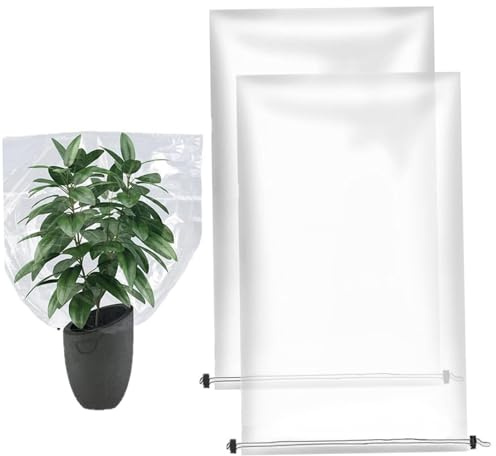 Lot de 2 housses de protection contre le gel pour plantes d'extérieur, en PE transparent, protection contre le gel avec fermeture éclair et cordon serrage pour plantes d'hiver, arbuste, petit arbu