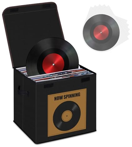 Vinyl Record Storage Box, Stackable & Collapsible LP Storage Boxes Hold Up To 90 12-Inch Records, Sealed & Dust-Proof Records Crate for Valuable Album Collection, 35.5 x 33 x 33 cm (Black & Brown)