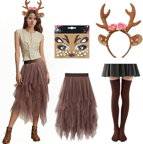 GOUYENG Costume Natalizio da Renna per Bambine,2 Pezzi Costume Renna Donna Gonna,Rennas Natale Gonna Tutu,Costumi Natale Donna,per Halloween Carnevale Compleanno Cosplay,Festa di Natales