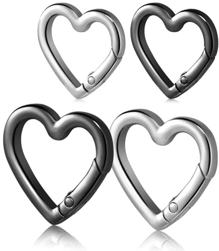 4pcs Heart Carabiner Keychain Clip, Metal Spring Heart Rings Hook Key Ring Carabiner Clips for Purse Bag Charms Backpack Strap Dog Tags Hang Water Bottle Paracord Keychain Lanyard(Silver Black)