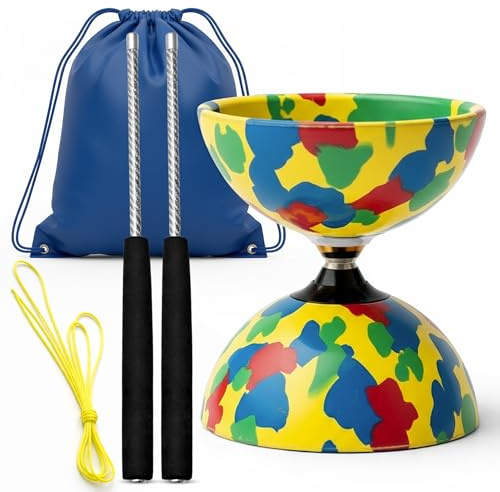 Diabolo Professionale con Triplo Cuscinetto a Sfere, Diabolo da Giocoleria con Bacchette in Fibra di Carbonio, Corda e Sacca da Trasporto Stabile e Resistente per Principianti e Adulti (Multicolore)