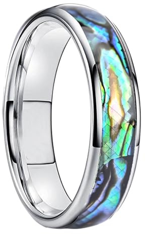 Grewod Verlobungsringe, Damen und Herren Wolfram 6mm Silber Bunt Muschel Einlage Modeschmuck Ring Größe 67 (21.3)