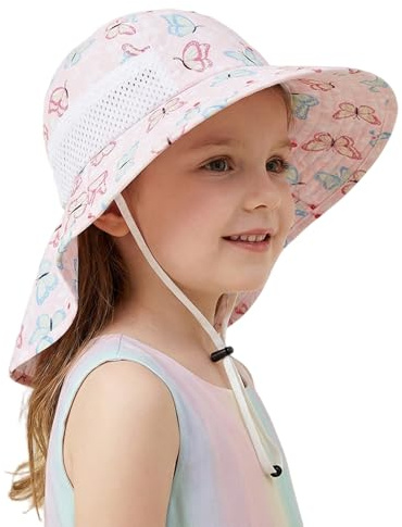 Ccomage Unisex Kinder Sonnenhut mit Nackenklappe 3-10 Jahre Baby Mädchen Jungen Sommerhut UV-Schutz 50+ Verstellbarer Kleinkind Sonnenhüte mit Breite Starre Krempe Faltbar Strandhut mit Kinnriemen