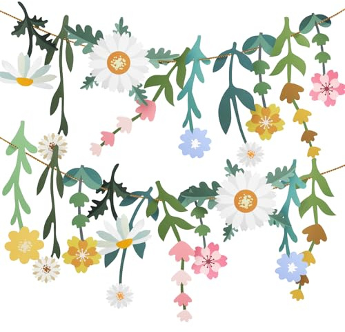ertlutw Blumen Girlande Bunt, Gänseblümchen Girlande Wildblume Papier Deko | einfach aufhängen für Wände Fenster, warme Stimmung, leuchtende Farben, farbhaltend für Gartenparty Geburtstag Babyzimmer