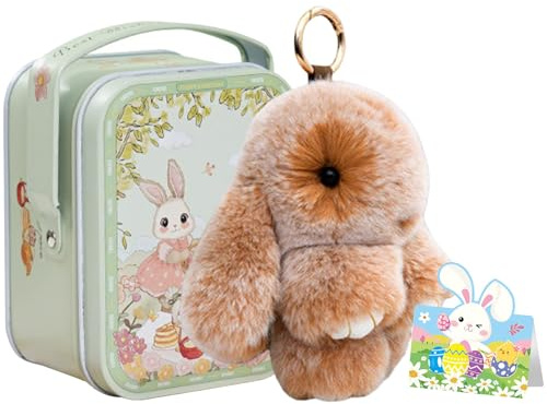 Petit lapin de poche dans une boîte en fer : porte-clés lapin en peluche mignon, cadeau de Pâques pour enfants et adultes, décoration ludique et durable, emballage élégant fait main