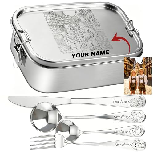 Personalisierte Edelstahl Brotdose Optional Fächern, mit 4-teilig Edelstahl Besteck, 700ml/1000ml/1650ml, Laserdruck mit Namen/Foto, Auslaufsichere Lunchbox für Kinder & Erwachsene, Bento Box(700ML)
