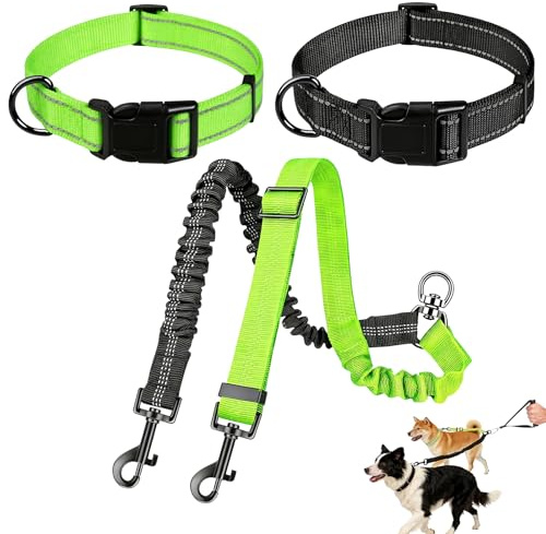 JININOSEU Doppelleine für 2 Hunde mit 2 Hundehalsbänder, Kein Verheddern 360° Drehbarer Doppelte 2-in-1 Hundeleine, Reflektierend Verstellbar, Doppel Leine für Kleine Mittelgroße und Große