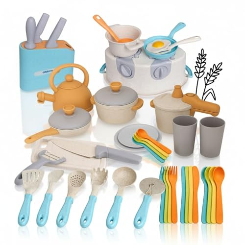 alldoro XXL Spielküchen Set für Kinder, Kochgeschirr, Besteck & Messerblock | 45-teiliges Rollenspiel-Set mit Spielherd, Kochgeschirr, Besteck & Messerblock, Für Kinder ab 3 Jahre