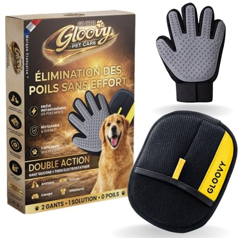 GHRB Gloovy Gant Anti Poils Animaux Chien et Chat 2 en 1 – Brosse Anti Poils Réutilisable – Gant Toilettage Chien Chat + Gant Textile pour Canapé, Vêtements, Tapis, Lit, Voiture