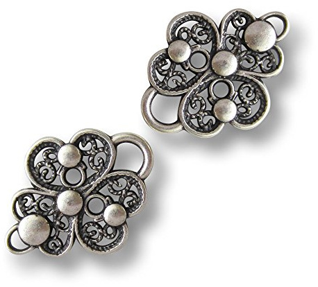 Knopfparadies - 4er Set (2 Paar) Metall Miederösen wie Klee mit herzförmigen Blättern, filigranem Durchbruchmuster und Ziernieten/altsilberfarben/Metall Ösen/Ø ca. 21x27mm