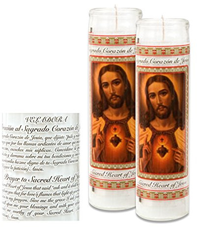 Truth Fanatic Catholic Prayer Candles - Set Of 2 Religious Candles - Real Wax (White, Unscented) - Prayer Printed On Each Candle - Church Vigil Devotional [BUNDLE, 2 Pcs.] (Jesus & The Sacred Heart)