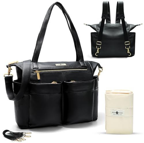 Wickelrucksack von Miss Fong, Wickeltasche Rucksack, Lässig Wickeltasche Baby Wickelrucksack, Lederrucksack Damen mit Wasserdicht Wickelunterlage,Kinderwagen Haken (Schwarz)