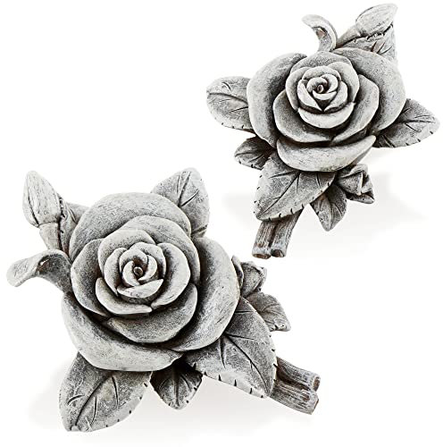 com-four® 2X Grabdekoration Rose - Gedenkstein der Hoffnung und Reinheit - wetterfester Grabschmuck - Blumen-Trauerstein - Gartendekoration in Steinoptik - Erinnerungsstein (2 Stück - Rosenblüte)