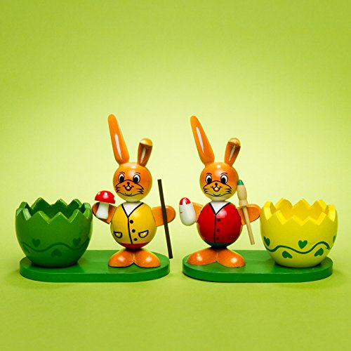 SIKORA OD08 Osterdeko Eierbecher aus Holz im 2er Set | handbemalte & dekorative Osterhasen Deko Figuren | Hochwertige Tischdeko für das Osterfrühstück, Farbe | Modell:A1 2er Set gelb | rot