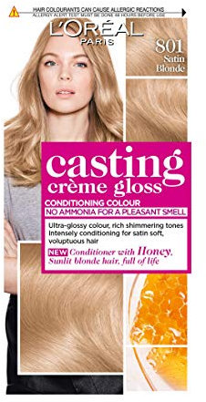 Casting Crème Gloss 801 Satin Blonde: This no-ammonia, semi-permanent hair colour lasts 32 washes. Experience up to 3x glossier, 4x silkier, visibly healthier hair with a soft, radiant satin blonde.