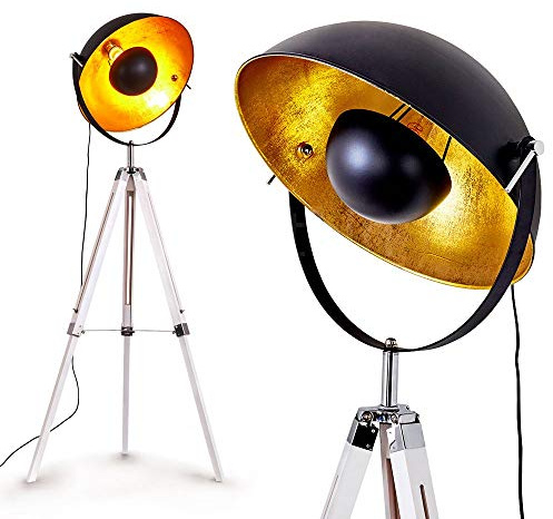 Lampadaire Jupiter, luminaire vintage en bois blanc et métal noir et doré, Ø 55cm, pour une ampoule E27, l'abat-jour rétro s'oriente facilement, ampoule(s) non incluse(s)
