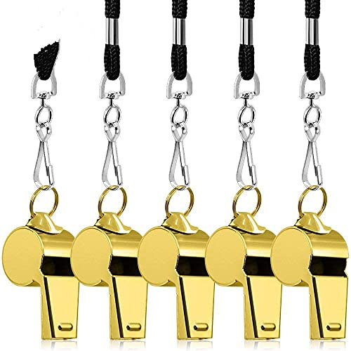 Trillerpfeife Metall,5 Pack Pfeifen Schiedsrichter Trainer Kinder Laut Whistle mit Schwarz Schlüsselband 45cm für Sportunterricht Basketball Fußball 4.7X 2.2 Blau Rot Gelb Gold