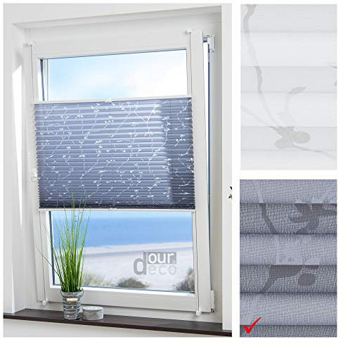 ourdeco® Plissee mit Blumenmotiv; 60x130 B x H in cm; Farbe: grau bedrucktes Blumenmotiv Ranke; lichtdurchlässig, Blickdicht; Klemmen, Montage ohne Bohren, Klemmfix-Plissee, Easy-to-fix