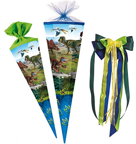 Schultüte - Dinosaurier - Dinosaurs/Dino - 50 cm - rund - incl. große Schleife - mit Tüllabschluß - Zuckertüte - mit/ohne Kunststoff Spitze - Nestler ..
