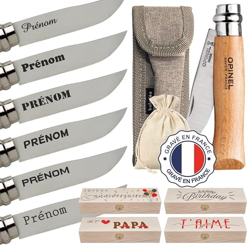 Gravure Events - Couteau Opinel n°8 personnalisé avec prénom gravé - Cadeau pour homme : fête des pères, papa, tonton, grands pères (papi, papy) anniversaire (pochette cuir et coffret bois en option)