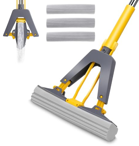 Nolopau Svampmopp, rullsvampmopp, självklämd svampmopp, handtag i rostfritt stål med 3 PVA absorberande mopphuvudpåfyllningar, för hemmabruk, kakelgolv, badrum, garage, rengöring .