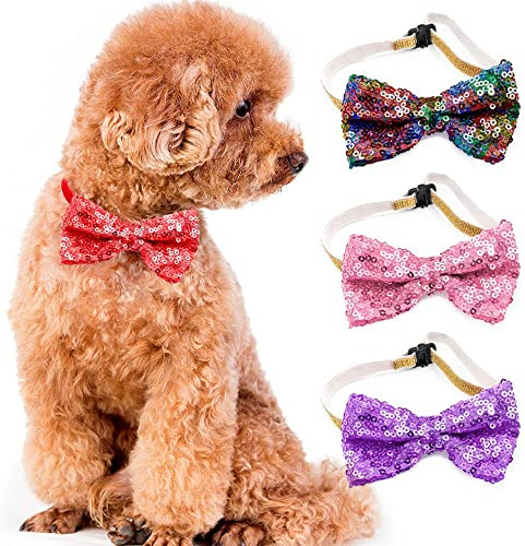 CHUYIX 4Pcs Einstellbare Pailletten Hund Fliege Halsbänder Haustierhalsbänder Hundepflege Zubehör Weihnachten Urlaub Pailletten Haustierhalsband Katze Welpen Kaninchen Elastisches Halsband