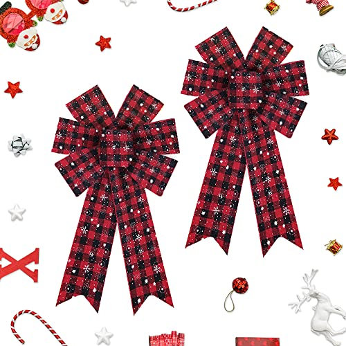 2 Stück Weihnachtskranzschleifen Weihnachtsschleifen Schneeflocke rot schwarz kariert Sackleinen Schleifen für Kränze, Weihnachtsbandschleifen Baumspitze Schleifen für Neujahr Zuhause Innen Außen