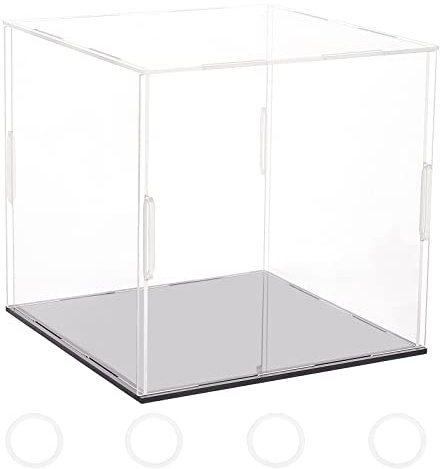 FINGERINSPIRE - Vetrina in acrilico trasparente con base nera e 4 anelli in gomma 16x16x15 cm, cubo trasparente, autoassemblaggio, protezione antipolvere, esposizione per action figure, collezionabili