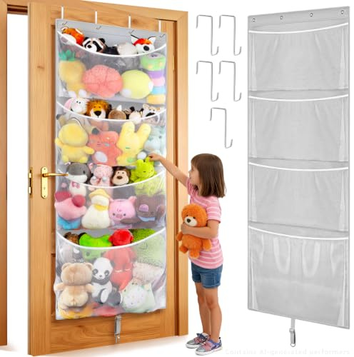 Woodoulogy Hanging Stuffed Animal Storage, Over Door Large Plush Toy Organizer with Metal Hook, Baby Accessory Holder Idea for Nursery, Doll & Bear Mesh Hammock Bag for Girl Boy Kid Room