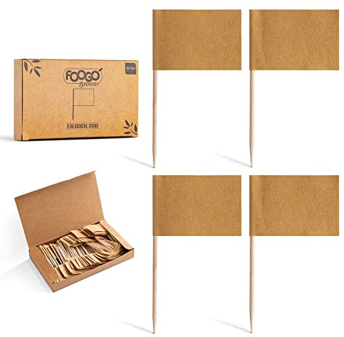 FOOGO Green 150pcs Blank Flag Cocktail Sticks, FSC® Certified, Brown Kraft Paper Labels, 6.5cm, Mini Food Flags, Cake Toppers, Party Food Picks, Sturdy Eco-Friendly Wooden Sticks