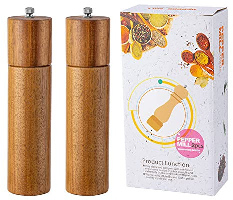 Salz und Pfeffermühlen Set Natürliches Akazienholz Meersalzstreuer Manuelle Gewürzmühle für Ihre Küche, Geschirr, Geschenke, 21,5 cm, 2 Stück