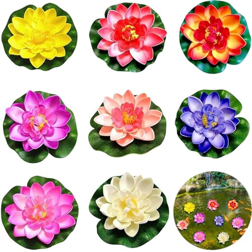 8 Lirios de Agua Decoración Artificial,10 Cm Flor de Loto Interior y Exterior,Flores Flotantes Simuladas,Lirios de Agua para Decoración de Estanques Mini Estanque,Para Patio/Acuario/Escena de Arroyo