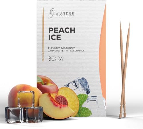 Wunder Zahnstocher Con sabor – 30 palillos de dientes envasados individualmente – en 8 variedades refrescantes – palillos de dientes envueltos individualmente con sabor (melocotón/hielo)