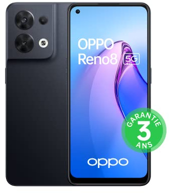 OPPO Reno 8 - Smartphone 5G - 8 Go RAM + 256 Go - Triple Capteur Photo 64 MP, Frontal 32 MP - Écran AMOLED 90 Hz 6,4” - Noir Chatoyant [version FR] (Reconditionné)