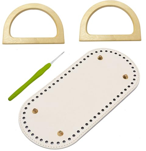 Taschenboden zum Häkeln, Yayatty 1 Stück Gehäkelte Taschenbasis mit 2 Stück Taschengriffe Holz, Ovale Ledertaschenbasis, Tasche Häkeln Zubehör, für Gehäkelte Tragetaschen taschenhenkel (Weiß)