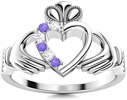 Tanzanite Round 2.00mm Claddagh Ring | Sterling Silver 925 With Rhodium Plated | Beautiful Design Claddagh Promise Ring (White, 65)