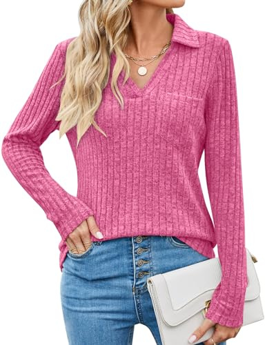 Gemulate Jumpers for Women UK Lightweight Sweatshirts Ladies Jumper Womens Polar Neck Jumper Women Long Sleeve Tops Long Tops to Wear with Leggings -Hot Pink, S