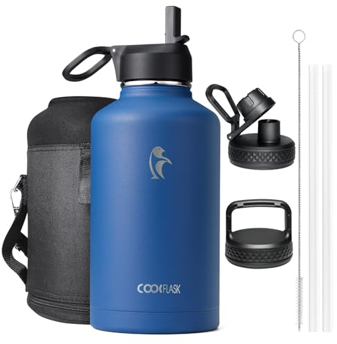 Botella de agua isotérmica de 2L, Coolflask Botella de agua con pajita y 3 tapas, Botella de agua fría y caliente de acero inoxidable con doble aislamiento al vacío y a prueba de fugas, Azul degradado