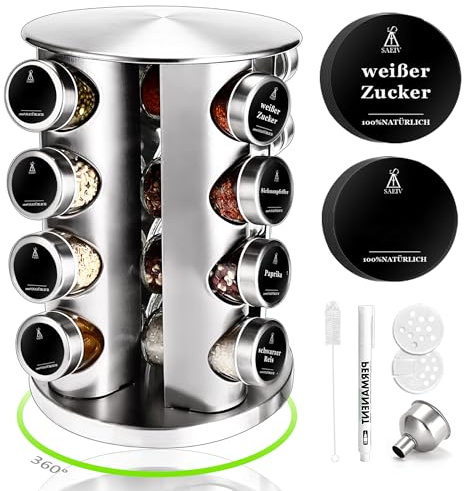 Estante giratorio para especias de 360° con 16 tarros de cristal (100 ml), organizador de especias con tapas de acero inoxidable, soporte giratorio para especias para encimeras y cajones de cocina
