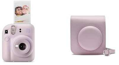 Fujifilm instax Mini Appareil Photo instantané 12, Exposition Automatique avec Objectif Selfie intégré, Violet Lilas & Mini 12 Case - Blossom Pink