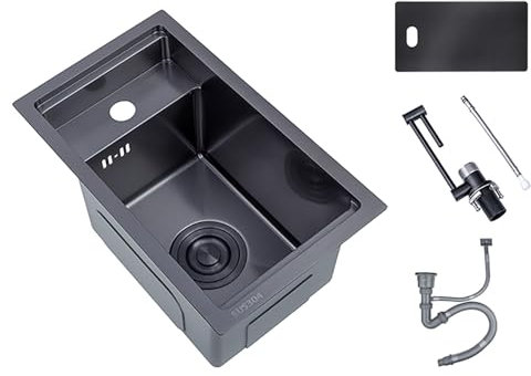 PQXQZ Fregadero Camper, Fregadero Cocina, Fregadero Pequeño de Acero Inoxidable con Grifo y Tapa Plegables, Seno Individual para Exteriores (Size : Black-Purified water faucet)
