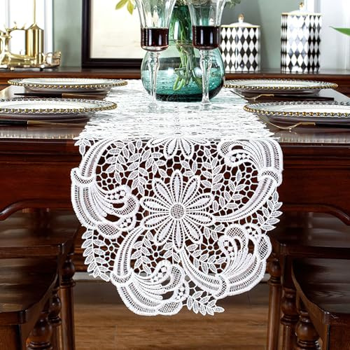auons Ovaler Spitzen-Tischläufer Weiße Blütenmuster Tischsets für Haus, Bankett, Hochzeit, Festival, Party, Dekor, 30 x 90 cm