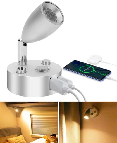 SUPAREE LED-Licht 12 V Camper Leselampe LED Wandstrahler 12 Volt dimmbar Warmweiß 3000 K mit USB-Anschluss und USB C Touch Schalter für Caravan Van Boot LKW Auto 1 Stück
