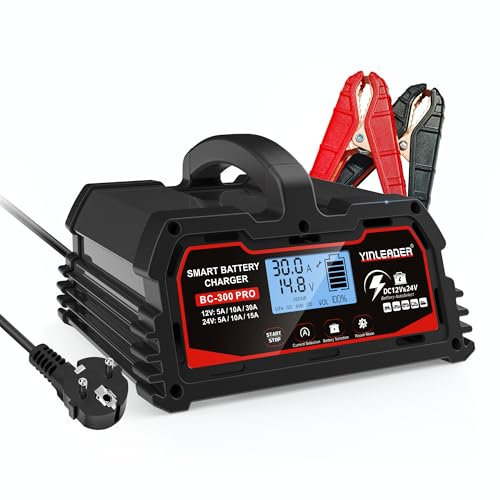 Yinleader Cargador de batería de coche, 30 A, 12 V/24 V, 15 A, 10 A, 5 A, cargador inteligente de mantenimiento con pantalla LCD, cargador para batería LiFePO4 de 12 V, color negro